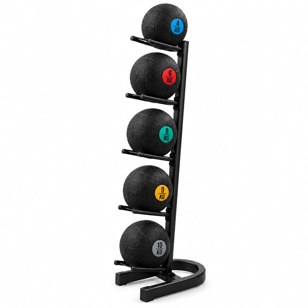 A black metal medicine ball rack holding five black medicine balls of different colors on a white background.