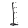 A black metal coat rack with five tiers of hooks and a wide base, shown on a plain white background.