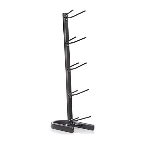 A black metal coat rack with five tiers of hooks and a wide base, shown on a plain white background.