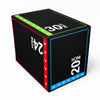 Black plyometric box with colorful sides and measurement labels on a white background