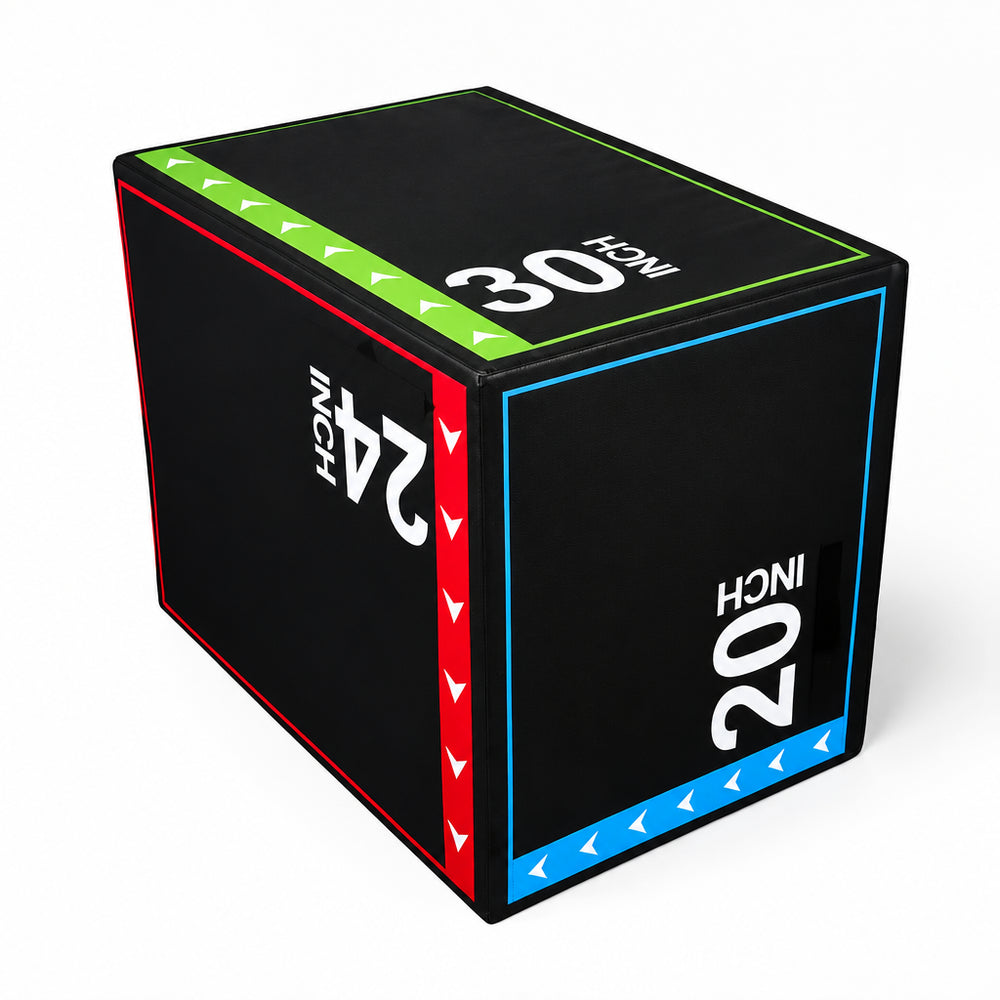 Black plyometric box with colorful sides and measurement labels on a white background