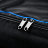 Close-up of a black bag with metal zippers