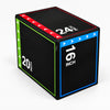 Black jump box with colorful side panels displaying measurements on a white background