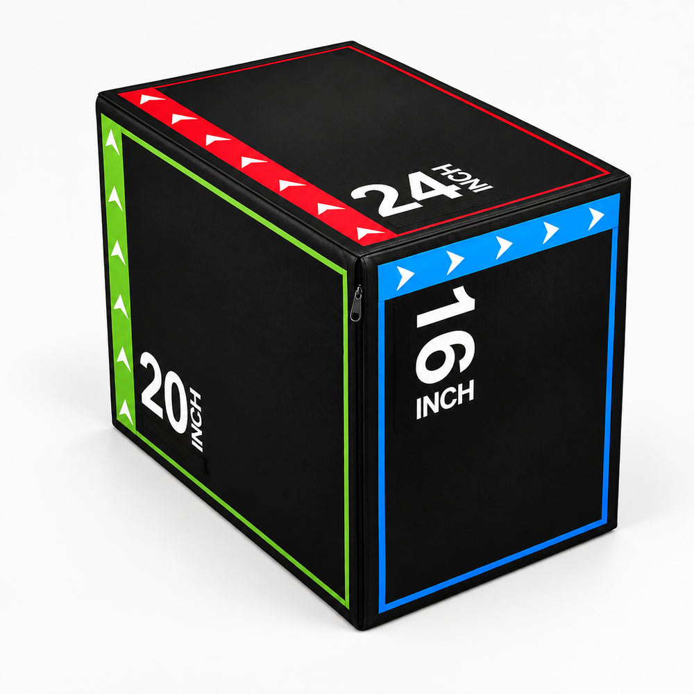 Black jump box with colorful side panels displaying measurements on a white background