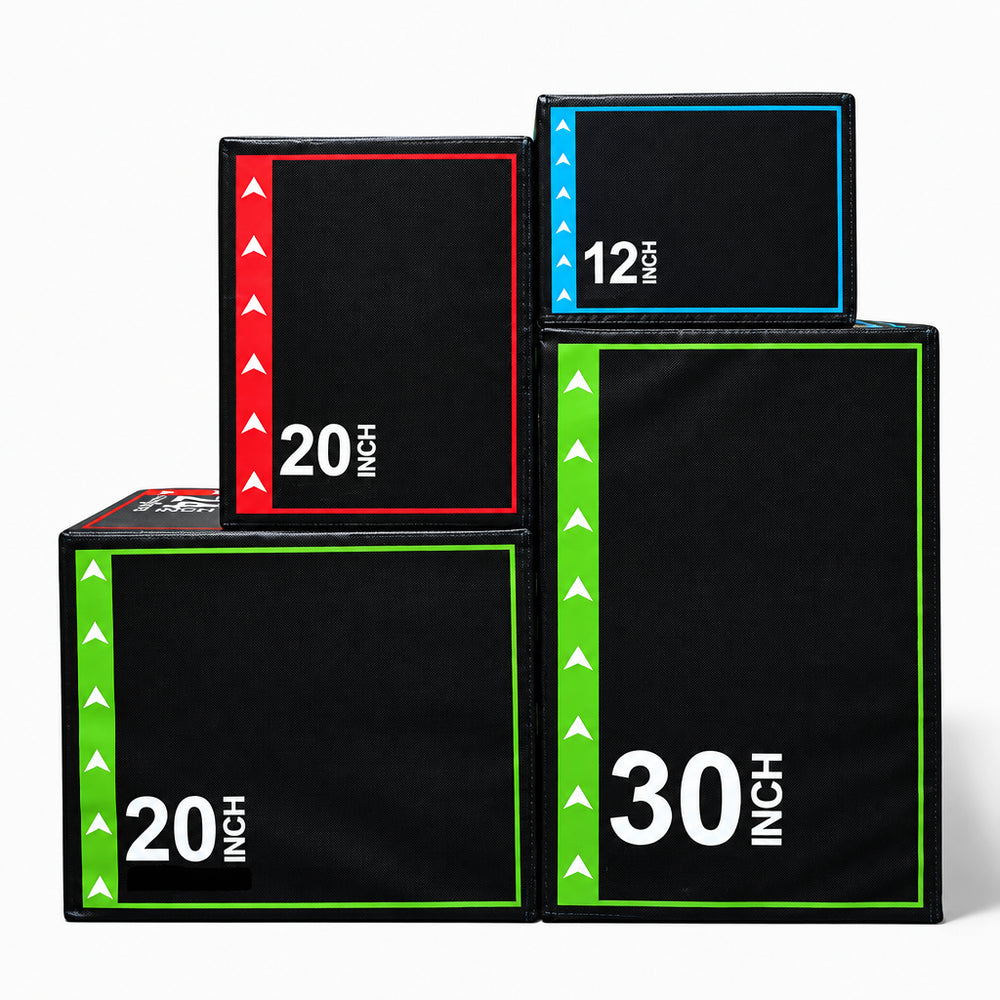 Stack of black jump boxes with measurements on a white background