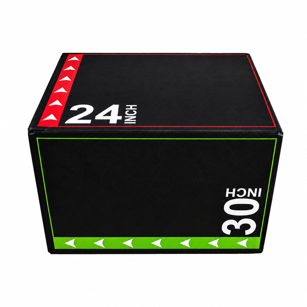 A black plyo box with dimensions 24 by 30 inches printed on the front and top, featuring red and green border accents and white text.