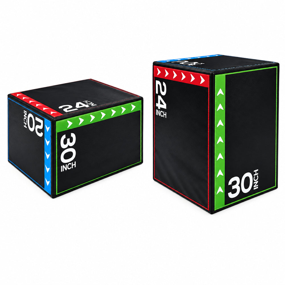 Two black plyo boxes with dimensions printed on the sides, one labeled 24 inch by 30 inch and the other 30 inch by 24 inch, shown on a plain white background.