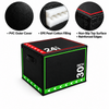 Black and green high jump box with white foam padding, shown on a white background with three circular detail insets and feature text callouts.