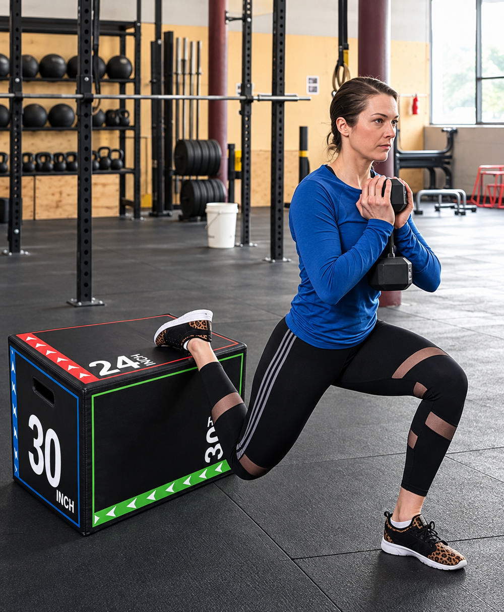A woman in a gym performs a lunge while pushing a black plyo box off the side. The box has red, white, and green accents with '30 INCH' printed on the side.