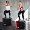 Two people in a gym setting working out on a soft plyo box