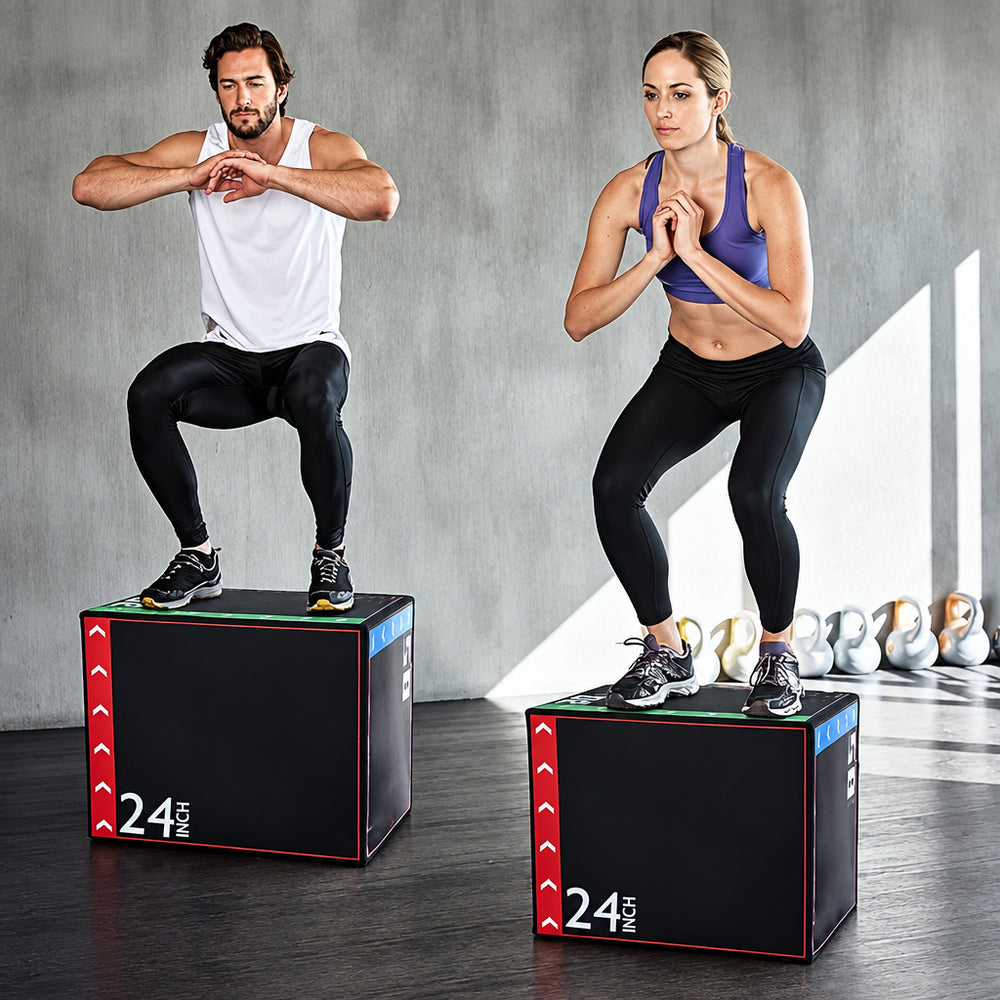 Two people in a gym setting working out on a soft plyo box