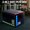 A 3-in-1 soft plyo box shown on a gym floor with overlaid text reading '3-IN-1 SOFT PLYO BOX' and feature highlights. The box is black with colored measurement markings: green arrows on one side, blue arrows and '24 INCH' on another side, and white '30 INCH' text.