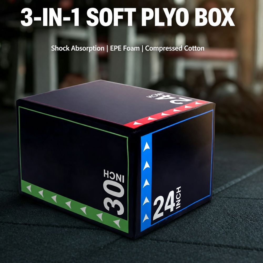A 3-in-1 soft plyo box shown on a gym floor with overlaid text reading '3-IN-1 SOFT PLYO BOX' and feature highlights. The box is black with colored measurement markings: green arrows on one side, blue arrows and '24 INCH' on another side, and white '30 INCH' text.