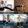 A four-panel fitness collage showing people using black plyo boxes for exercises: arm support, push-ups, bow squat, and box jump. The panels include real gym and indoor room environments, so this is Lifestyle rather than Product/Packaging.