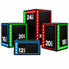 Set of black boxes with colorful measurements on a white background