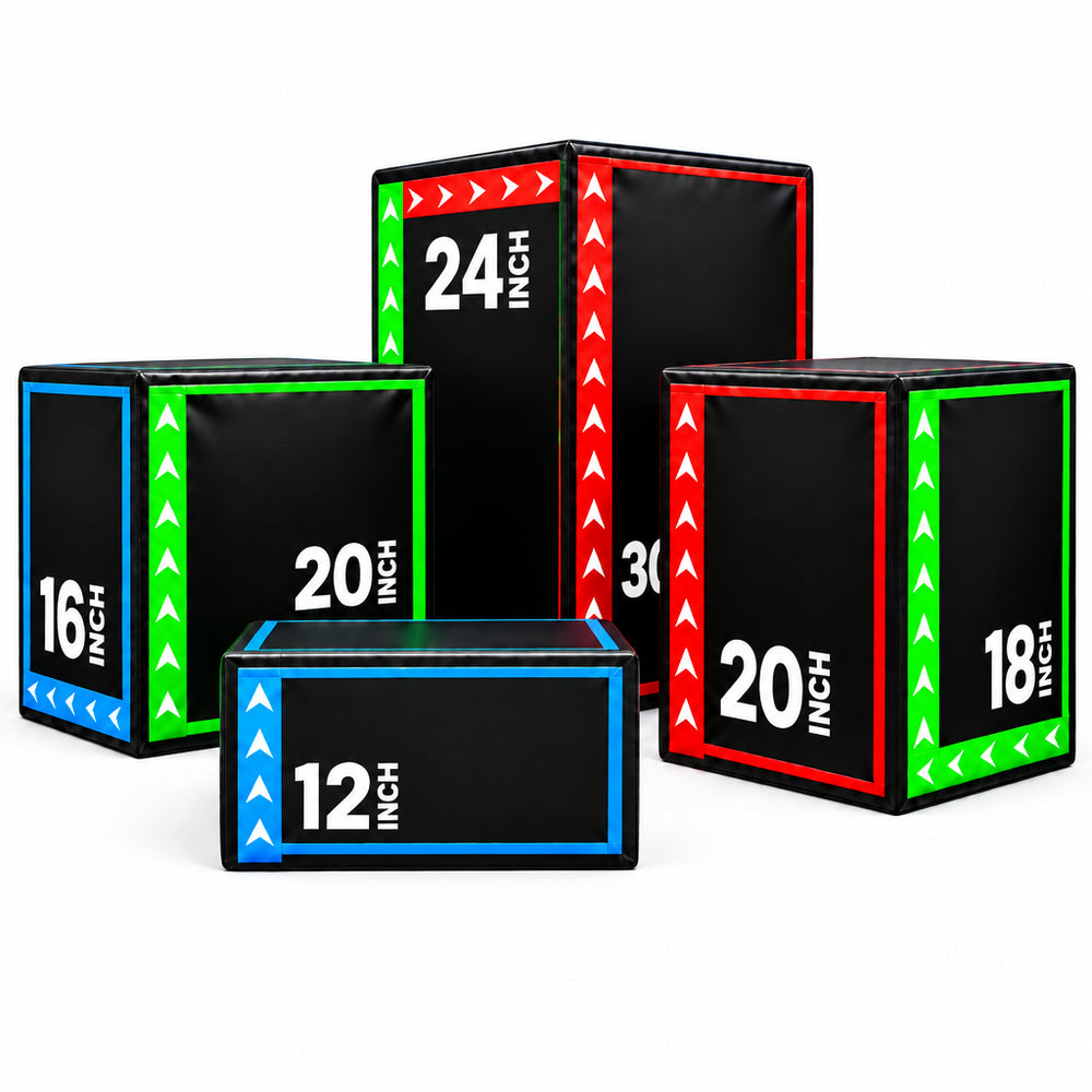 Set of black boxes with colorful measurements on a white background