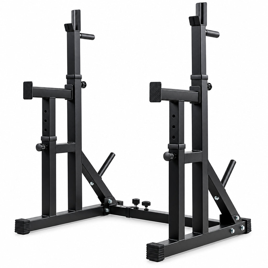 Black steel squat rack with dual uprights, safety arms, and foot pegs on a plain white background. Main image