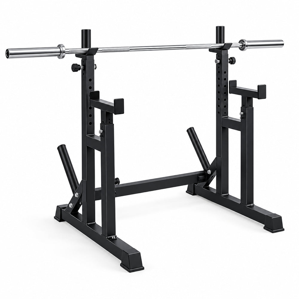 Black weightlifting squat rack with bar on a white background