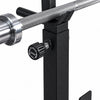 Close-up of a weightlifting bar attached to a black support structure with a white background.