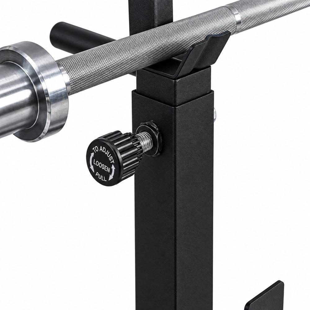 Close-up of a weightlifting bar attached to a black support structure with a white background.