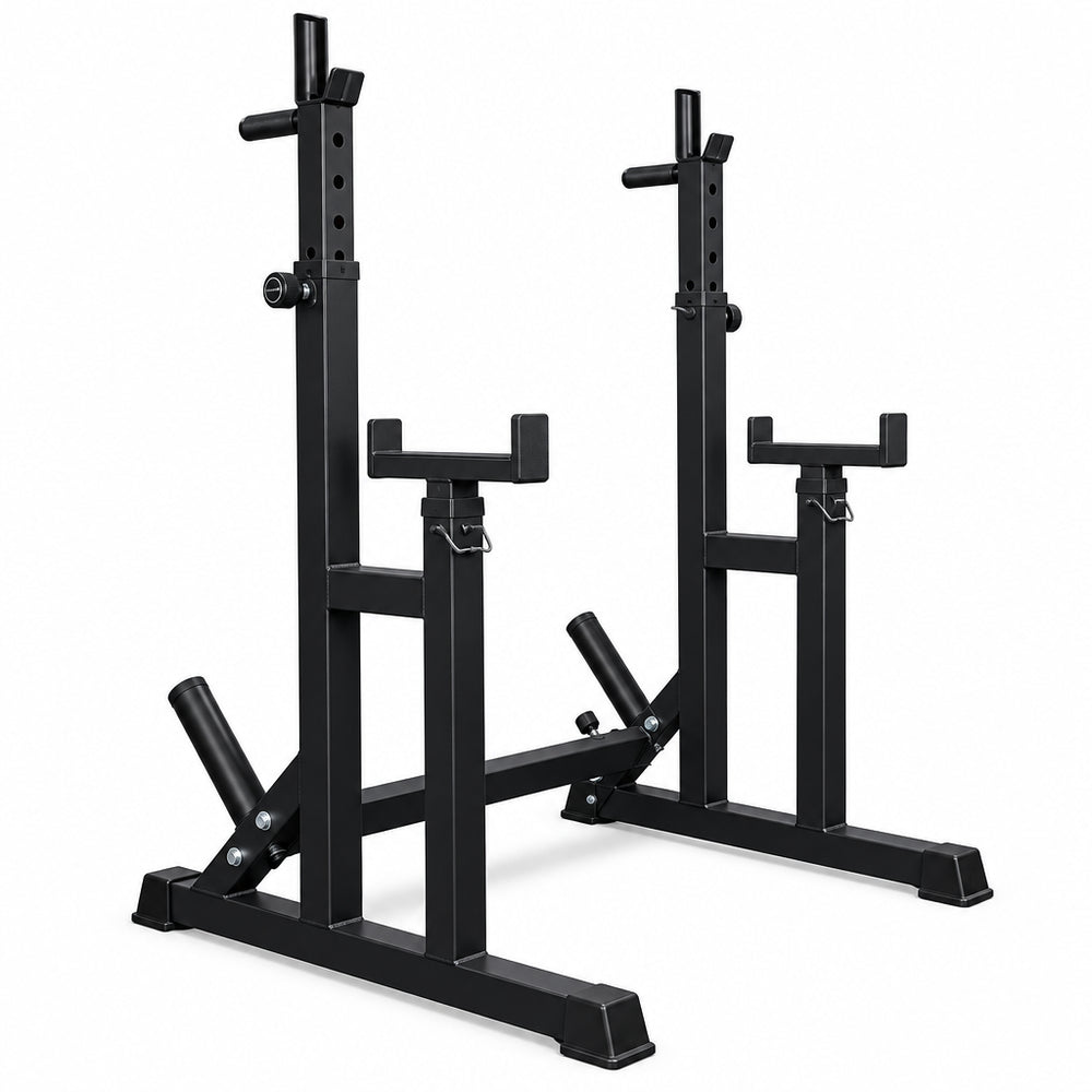 Black metal squat rack on a white background