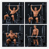 A four-panel collage showing a muscular man demonstrating different barbell bench press and squat exercises using a red and black power rack with black weights in a dark gym setting.