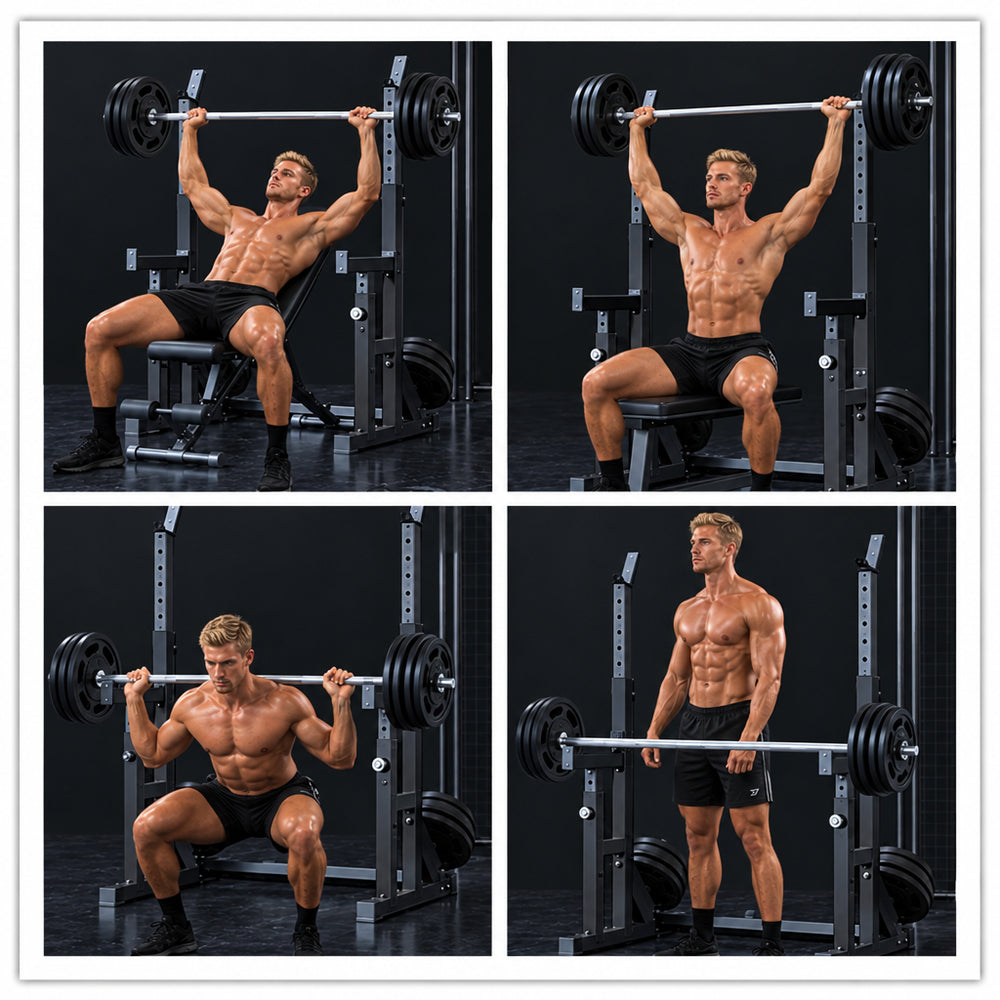 A four-panel collage showing a muscular man demonstrating different barbell bench press and squat exercises using a red and black power rack with black weights in a dark gym setting.