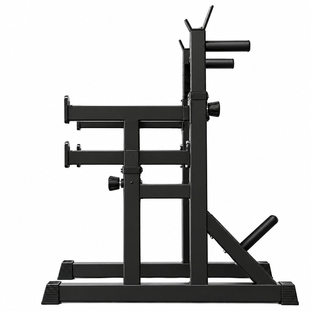 Black adjustable weight bench set against a gray tiled background.