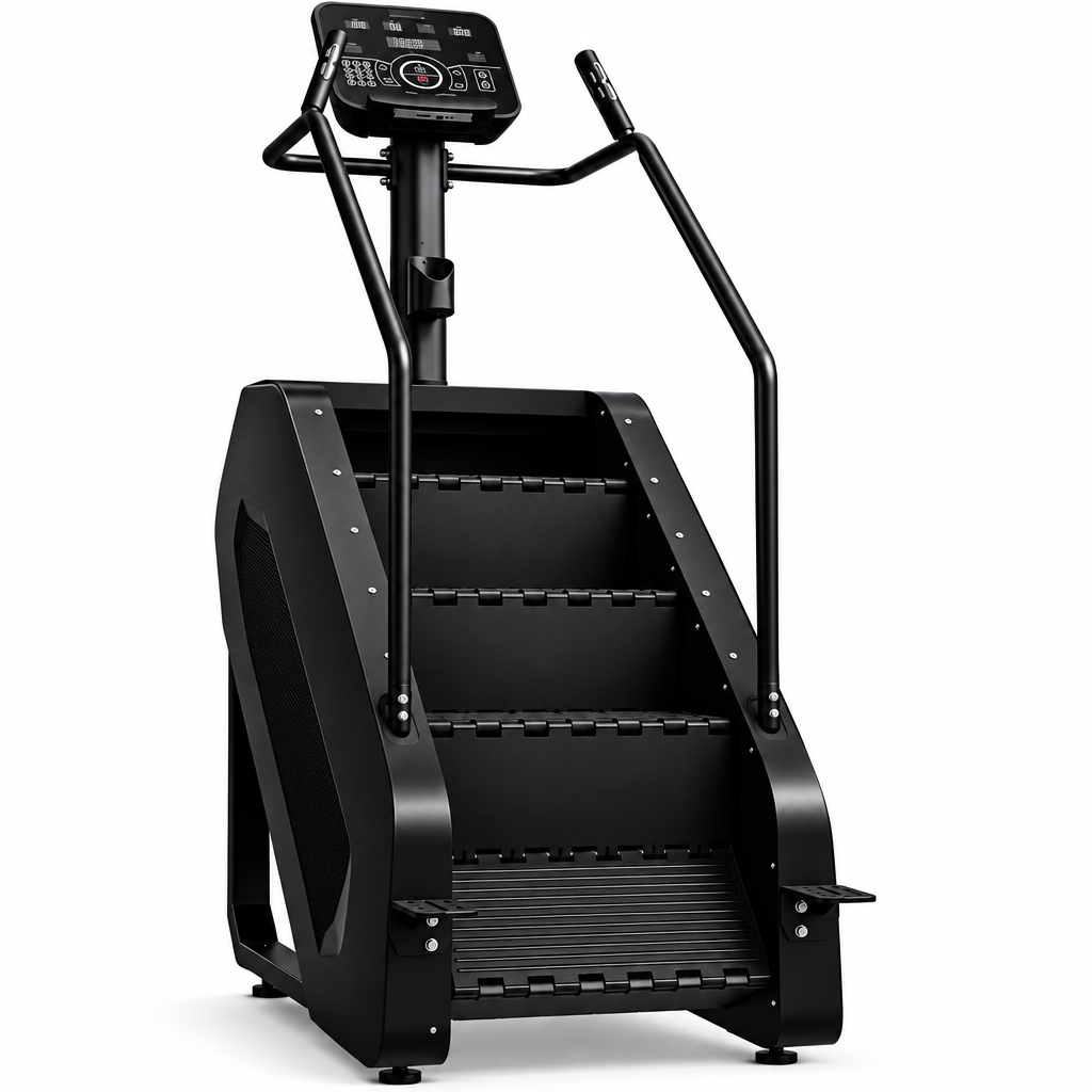A black stair climber exercise machine with a digital control console, handlebars, and three steps, shown on a plain white background. Main image