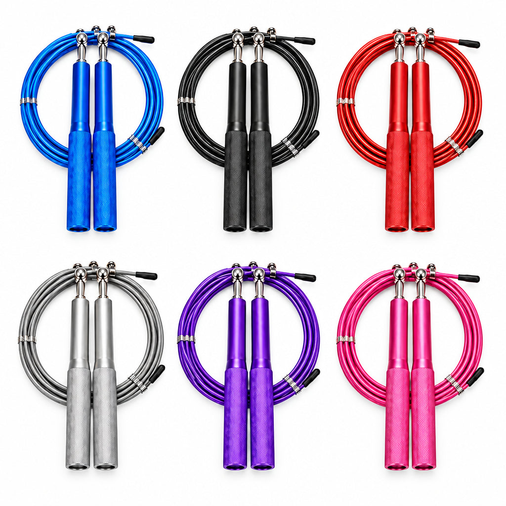 Five jump ropes arranged in a 2x3 grid on a white background, showing different handle and cord colors: pink, gold, black, blue, and red. Main image