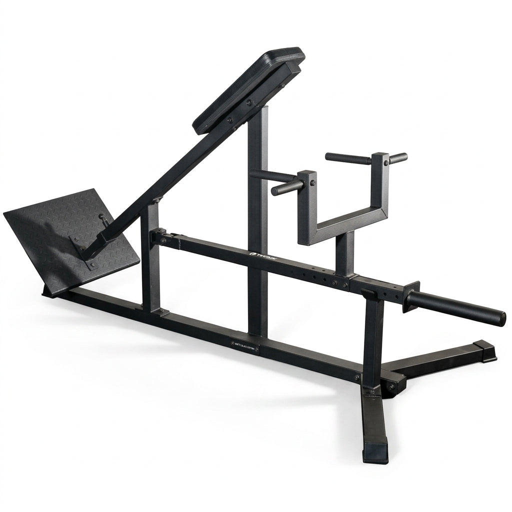 A black metal wall-mounted dual exercise station with a leg extension attachment and a separate upright pull-up or grip bar, shown on a plain white background. Main image
