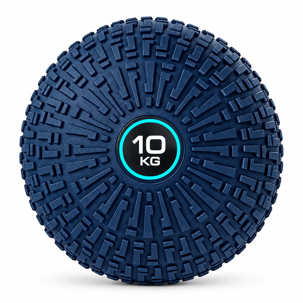 A dark gray textured foam exercise ball with a central circular label that reads '10 KG'. The ball features a raised geometric pattern around its entire surface and is photographed against a solid white background. Main image