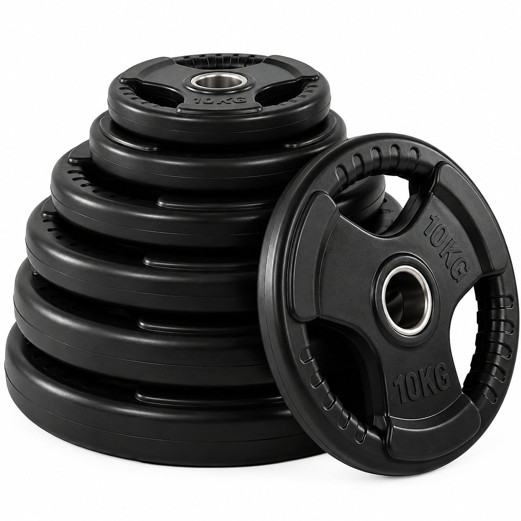 Stack of black weight plates with lifting handles on a white background Main image