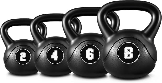 Set of vinyl kettlebells from 2kg to 8kg on a white background