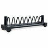 A black metal storage rack for weight plates and barbells on a plain white background.