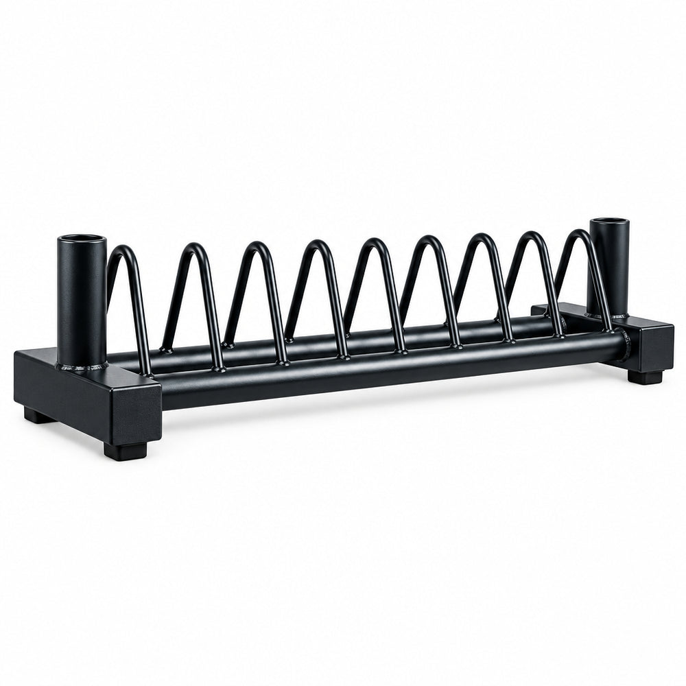 A black metal storage rack for weight plates and barbells on a plain white background.