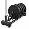A black metal weight rack holding five colorful weight plates: red, blue, yellow, green, and black. The red plate is the most prominent, with white weight markings reading 25 KG.