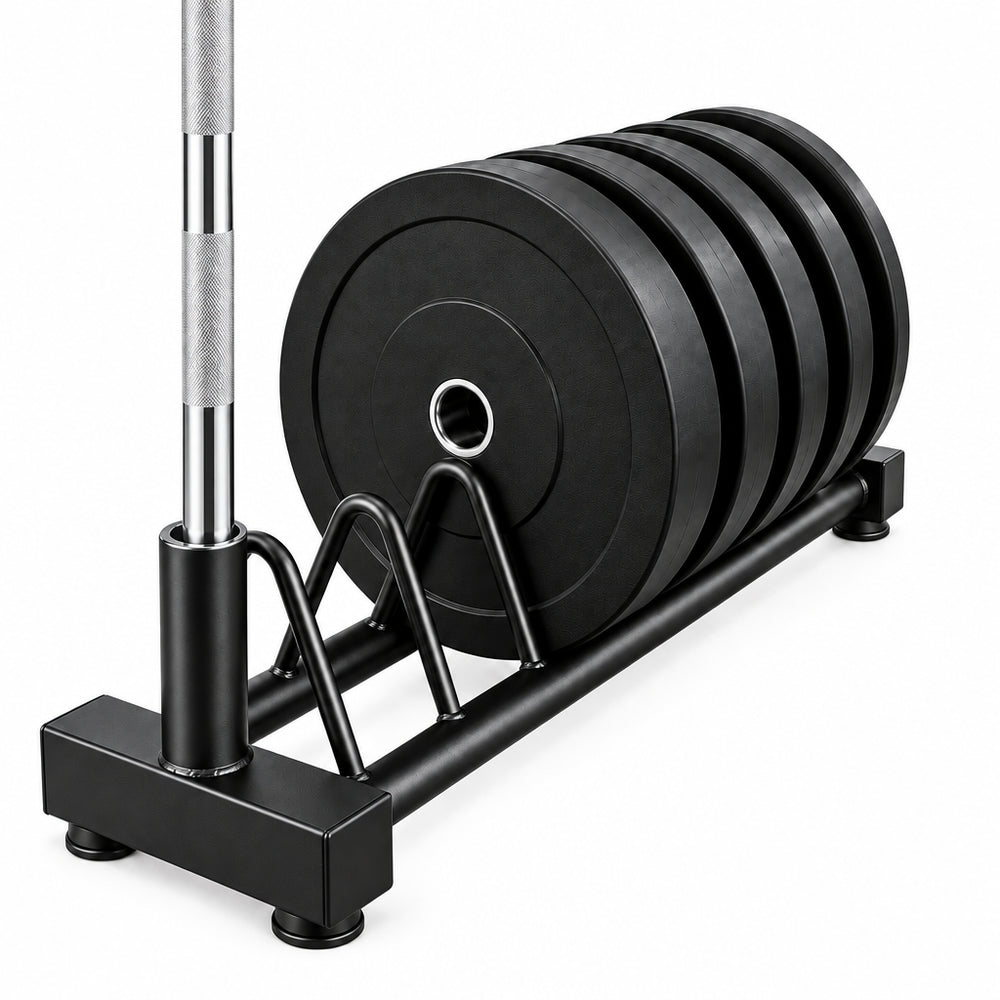 A black metal weight rack holding five colorful weight plates: red, blue, yellow, green, and black. The red plate is the most prominent, with white weight markings reading 25 KG.