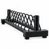 A black metal weights rack with a long rectangular base, storage posts for barbells  shown on a plain white background.