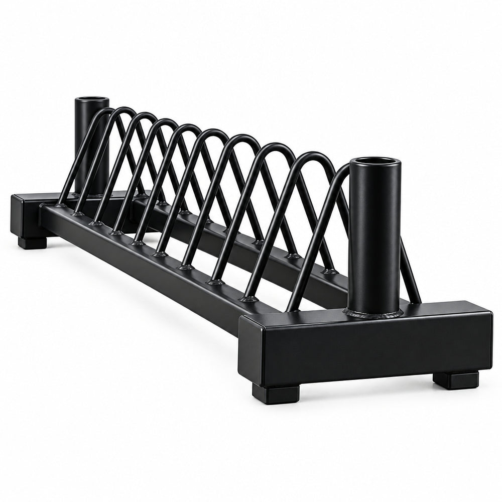 A black metal weights rack with a long rectangular base, storage posts for barbells  shown on a plain white background.