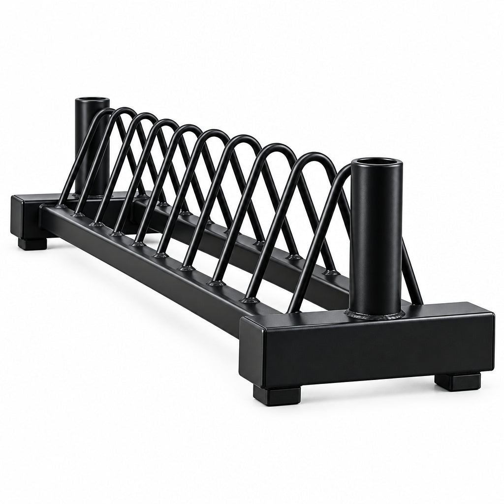 A black metal weights rack with a long rectangular base, storage posts for barbells  shown on a plain white background.