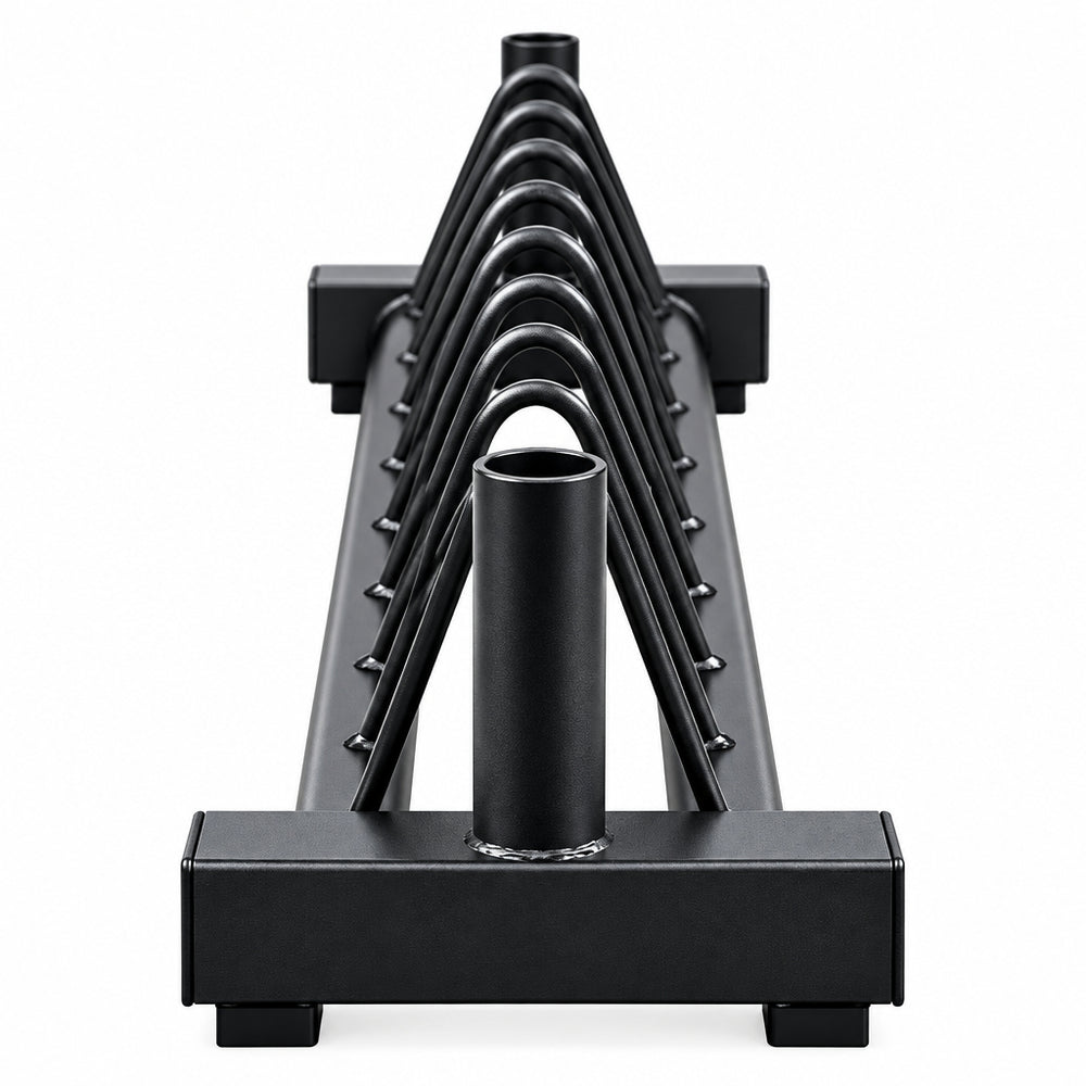 Storage rack for weight plates and barbells on a white background