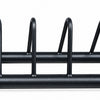 Close-up of a black metal rack with two horizontal bars and vertical loop supports, shown against a plain white background.