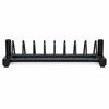 A black metal weight plate and barbell storage rack against a plain white background.