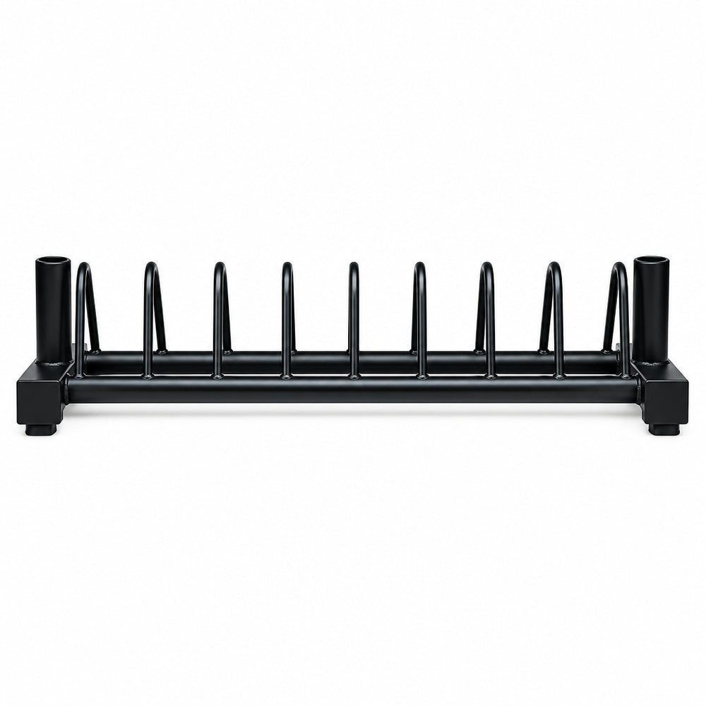 A black metal weight plate and barbell storage rack against a plain white background.