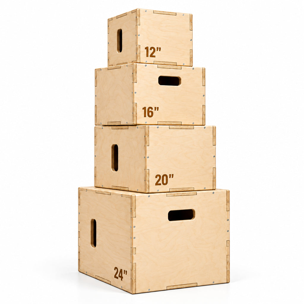 Stack of wooden jump boxes with visible numbers on a gray background Main image