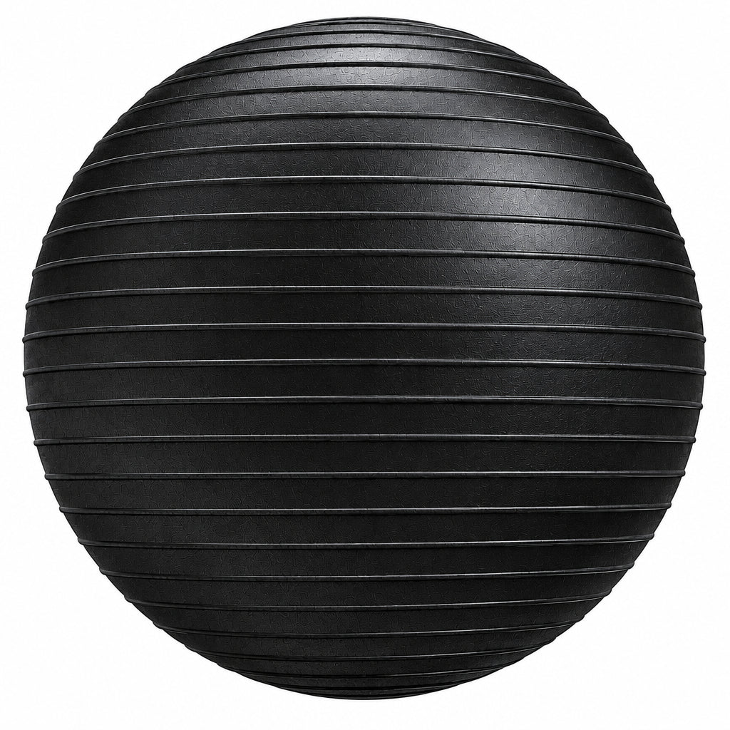 A black textured stability ball exercise weight with horizontal grooves, shown on a white background with a soft reflection below. Main image