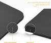 Black exercise mat with anti-slip properties and text highlighting features on a white background