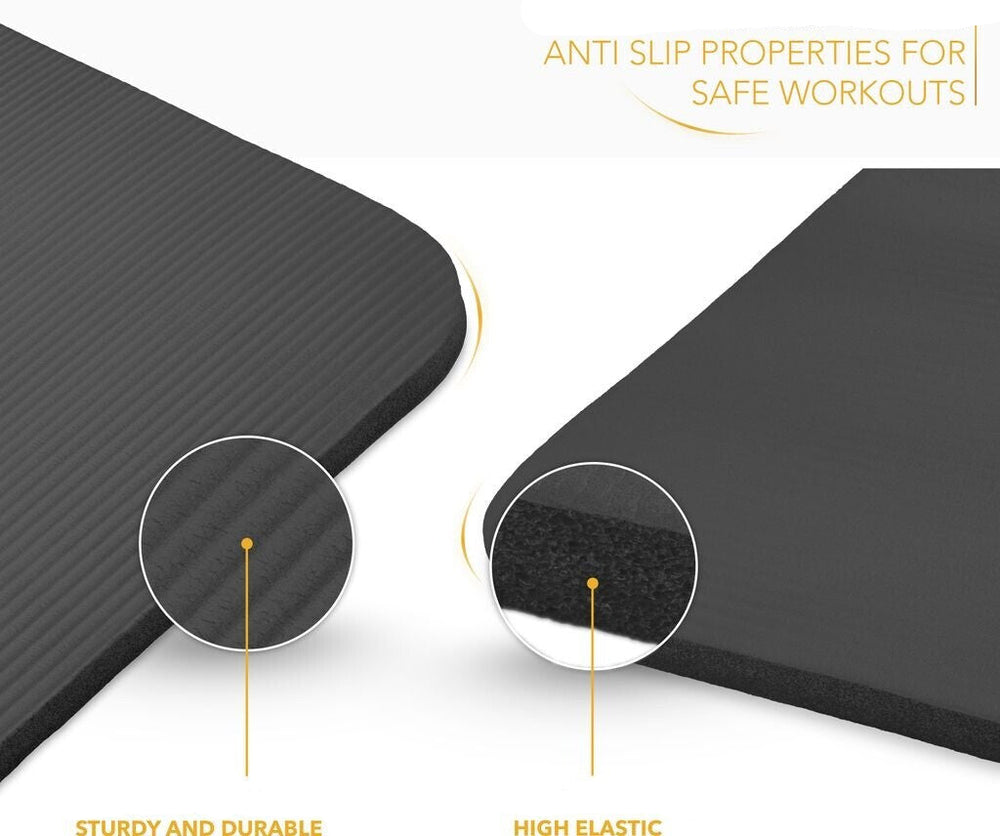 Black exercise mat with anti-slip properties and text highlighting features on a white background