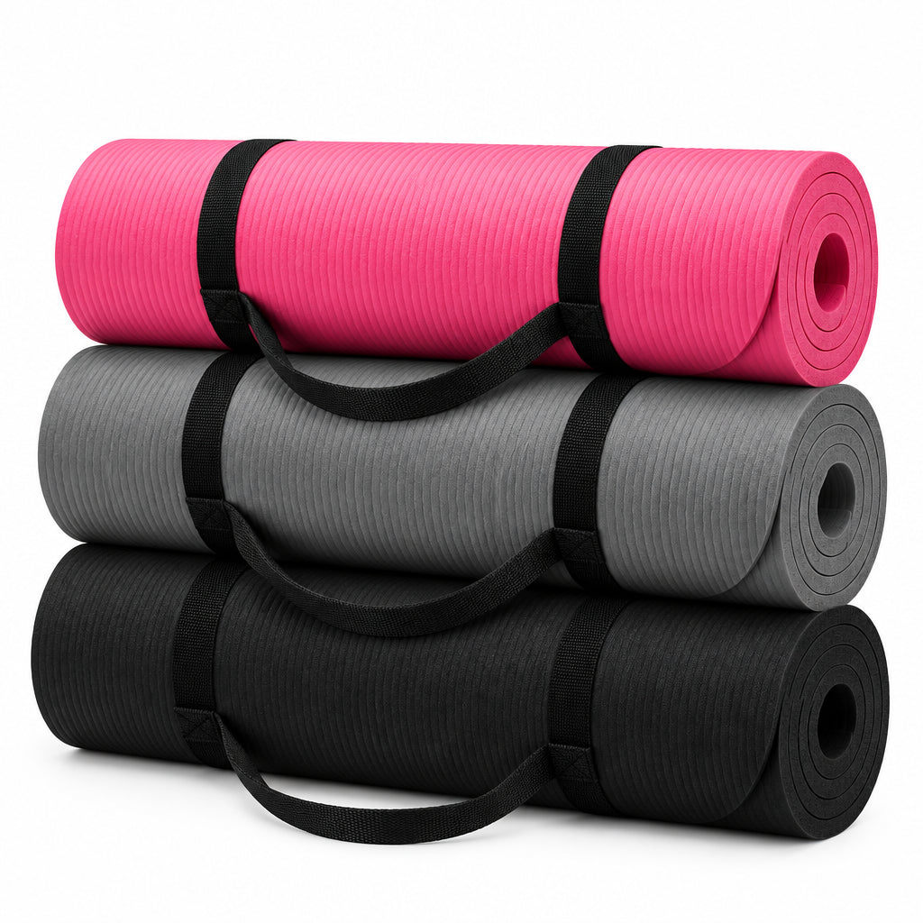 3 rolled black yoga mat with a carrying strap, shown on a white background Main image